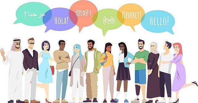Grafik mit Menschen, die sich auf verschiedenen Sprachen unterhalten.